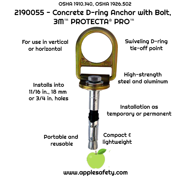 2190055 - Concrete D-ring anchor for 11/16", 18 mm or 3/4" hole with swiveling D-ring, applesafety infographic