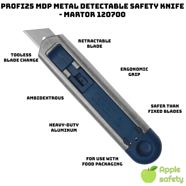 Food industry safety knife Semi automatic retractable blade for safety Ergonomically friendly ambidextrous slider mechanism to engage the blade Heavy duty body made of aluminum Safer alternative to fixed blade utility knives for general cutting tasks Easy, tool free blade change Preloaded with No.199 Stainless Steel Blade