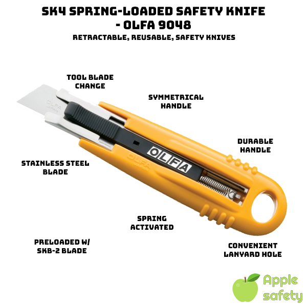 Spring-activated blade self-retracts Symmetrically shaped, high-impact ABS handle Stainless steel blade channel No tool blade change Convenient lanyard hole Preloaded with an SKB-2 sharp point blade Can be equipped with RSKB-2 rounded tip safety blade or HOB-2 hook blade