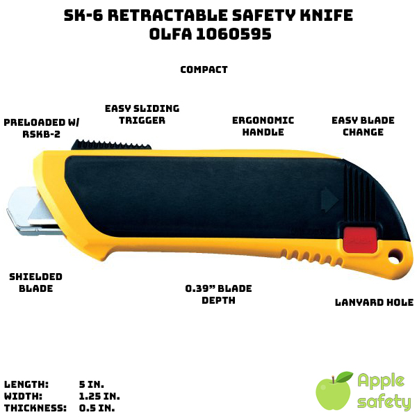 Spring activated, self-retracting blade minimizes injury Ergonomic ABS handle 0.39" blade depth helps to minimize damage to package contents Easy blade change Convenient lanyard hole allows for easy attachment. Preloaded with an RSKB-2 safety blade