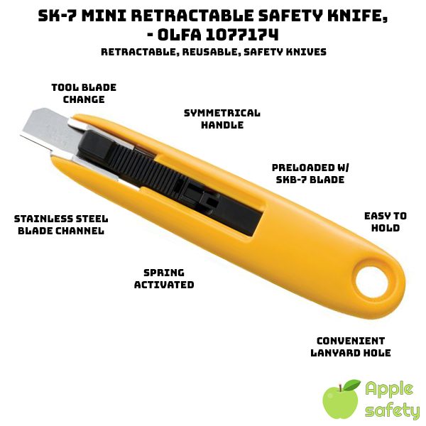 Spring-activated blade self-retracts Symmetrically shaped, high-impact ABS handle Stainless steel blade channel No tool blade change Convenient lanyard hole Preloaded with an SKB-7 safety blade