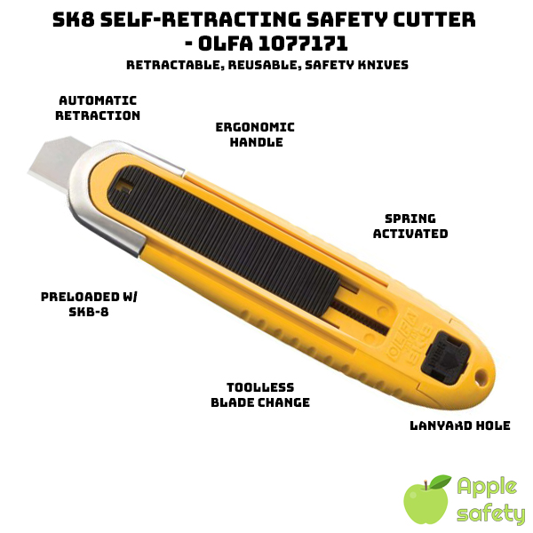 1077171 Spring-activated blade automatically retracts Blade automatically retracts when the blade loses contact with the cutting surface - Smart safety cutter technology Fiberglass-reinforced ABS handle blade channel No tool blade change Convenient lanyard hole Preloaded with an SKB-8 safety blade