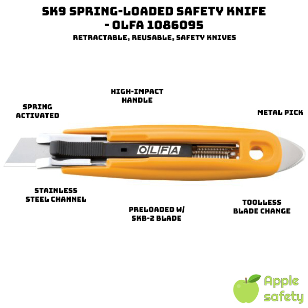 Spring-activated blade retracts Symmetrically shaped high-impact ABS handle Stainless steel blade channel No tool blade change Multi-purpose metal pick Preloaded with an SKB-2 sharp point blade Can be equipped with RSKB-2 rounded tip safety blade or HOB-2 hook blade