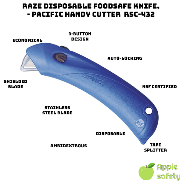 Ambidextrous 3-button design Built-in tape splitter on bottom Auto-locking blade guard protects hands from injury Stainless steel blade is easy to clean, sanitize and also rust-proof Protected permanent stainless steel blade Disposable Cost-effective Restaurant Knife NSF approved for food safety