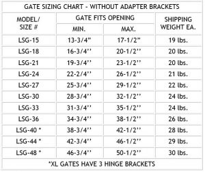 PS Doors gate sizing chart